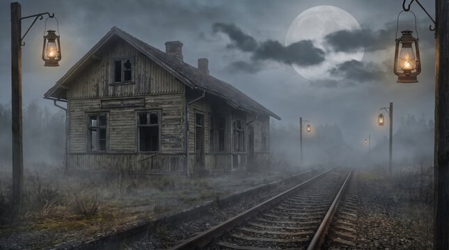 Old rustic railway station at night with glowing lanterns and moonlight full moon mysterious station train tracks abandoned building old architecture spooky night scene foggy atmosphere