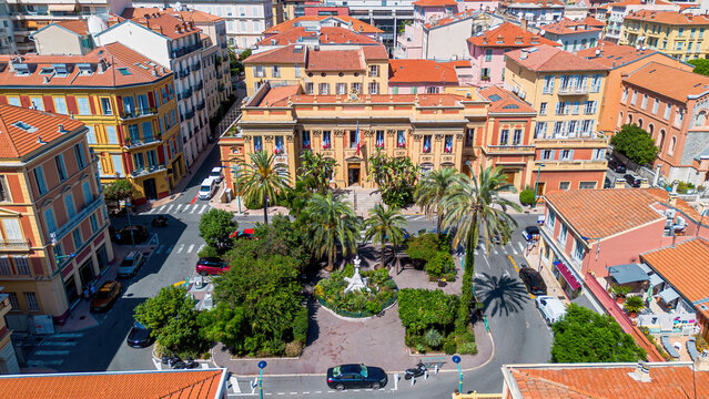 Aerial drone view of the City Hall of Menton on the coast of the Mediterranean Sea in the French Riviera