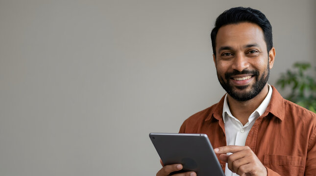 Smiling man using a tablet represents online business planning mobile productivity digital communication and modern professional work.