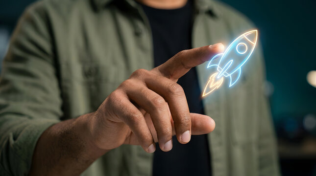 Hand touching a glowing rocket icon represents startup activation digital innovation product rollout and rapid business acceleration.