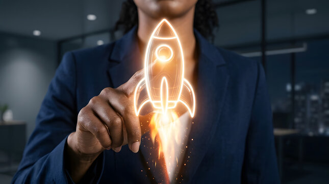 Woman activating an orange rocket icon represents startup execution digital transformation fast growth and strategic product rollout.