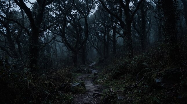 Dark moody forest path in the deep fog with dense trees mysterious woodland atmospheric twilight wilderness darkness landscape branches environment