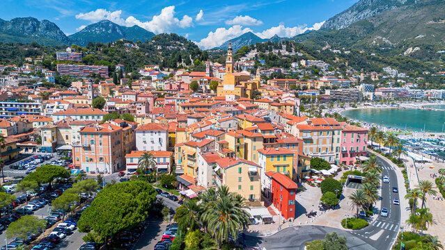 Aerial drone view of the old town of Menton on the coast of the Mediterranean Sea in the French Riviera