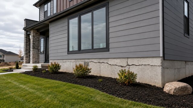 Visible foundation crack on a modern new home caused by structural settlement, representing property damage and construction defects.