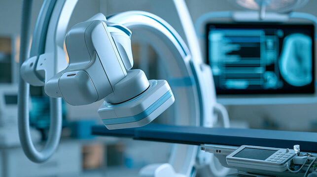 Modern medical C-arm x-ray machine for surgical imaging procedures, defocused advanced imaging technology, clinical diagnostic equipment visualization, with copy space