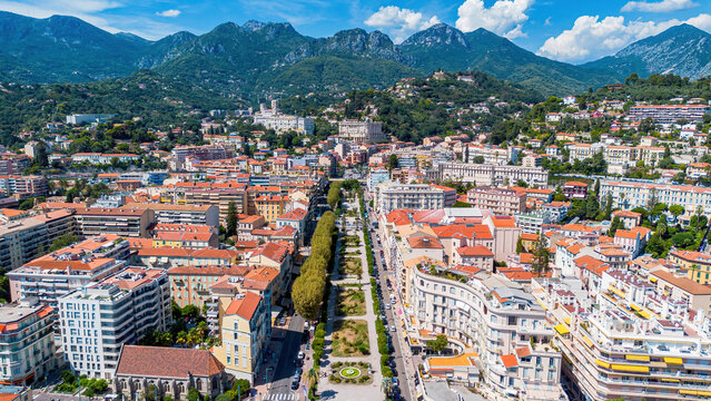 Aerial drone view of the Biov&Atilde;&uml;s Gardens in Menton on the coast of the Mediterranean Sea in the French Riviera