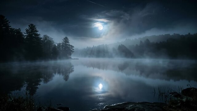 Full moon shines over a foggy wilderness lake at night. Eerie mist drifts across the dark water and forest. Halloween 2026 spooky night landscape concept.