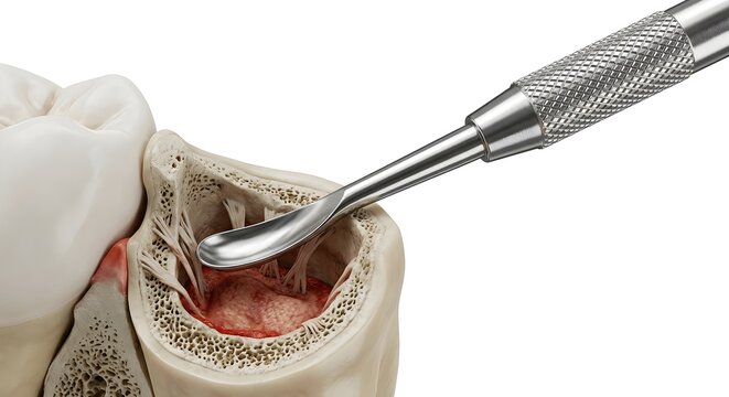Surgical Curette Debriding Fresh Extraction Socket in Alveolar Bone, Dental Anatomy 3D Render Isolated on White