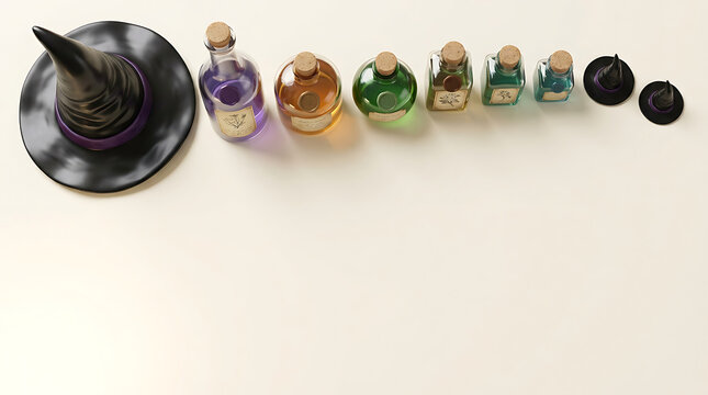 Halloween witch hat and colorful magic potion bottles on a white background