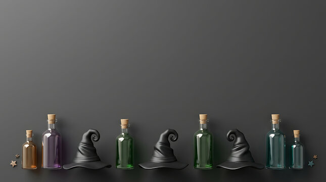 3D Halloween background with witch hats and magic potion bottles on dark grey surface