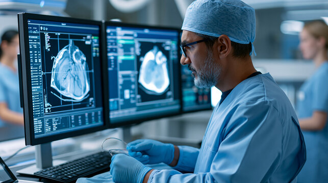 Faceless interventional cardiologist advances guidewire during urgent angioplasty while live fluoroscopy and coronary angiogram images glow on monitor bank, nurse watches, with
