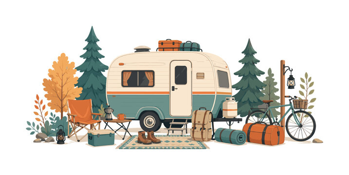 Cozy camping trailer scene with outdoor gear and autumn foliage