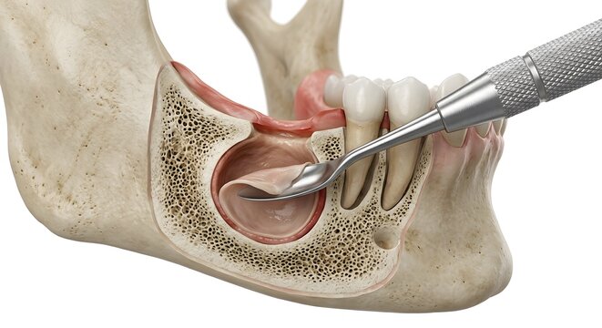 Maxillofacial Surgery 3D Render: Enucleation of Jaw Bone Cyst Using a Surgical Curette
