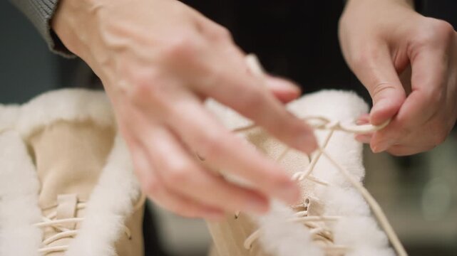 Close up of hands tying laces on beige fur lined boots. action focuses on precise movement and interaction with boot materials including suede texture details. Soft lighting highlights
