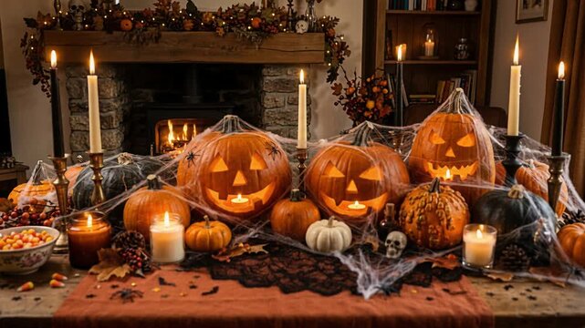 Carved jack o lanterns and candles glow on a rustic Halloween table. Spooky seasonal atmosphere for autumn celebration and parties. Halloween 2026 festival holiday celebration decor concept.