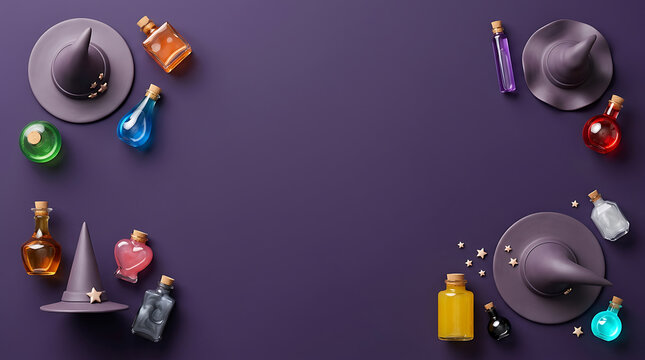 Halloween background with 3D witch hats and colorful magic potion bottles on purple