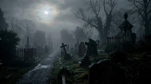 Foggy cemetery path with weathered gravestones under moonlight. Spooky nocturnal atmosphere and eerie gothic architecture. halloween 2026 eerie holiday mystery storytelling concept.