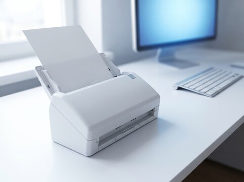 White document scanner with paper on a clean desk in a modern office setting.