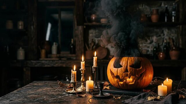 Glowing carved pumpkin releasing dark smoke on a rustic wooden table. Spooky occult atmosphere with flickering wax candle light. Halloween 2026 eerie holiday celebration and haunted theme.