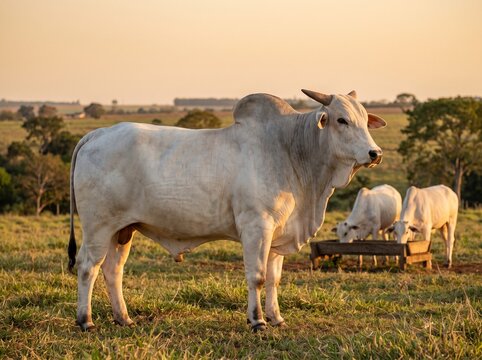 Herd of Nellore cattle feeding from a wooden trough in a green pasture at sunset. Professional livestock agriculture, golden hour light, and rural farming scene.