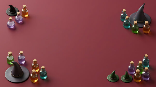 Halloween background with 3D witch hats and colorful magic potion bottles on dark red