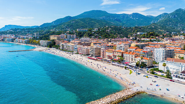Aerial drone view of Borrigo Beach in Menton on the coast of the Mediterranean Sea in the French Riviera