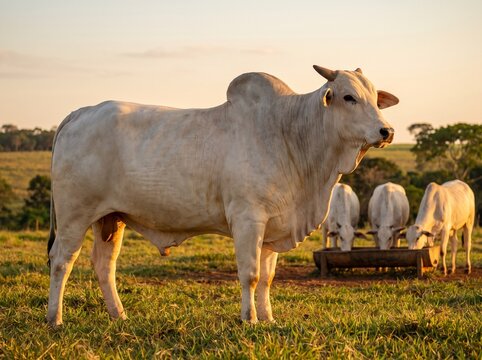 Herd of Nellore cattle feeding from a wooden trough in a green pasture at sunset. Professional livestock agriculture, golden hour light, and rural farming scene.