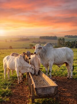 Herd of Nellore cattle feeding from a wooden trough in a green pasture at sunset. Professional livestock agriculture, golden hour light, and rural farming scene.