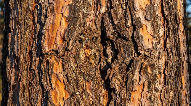 Close-up of rough pine tree bark texture with deep furrows and natural orange tones