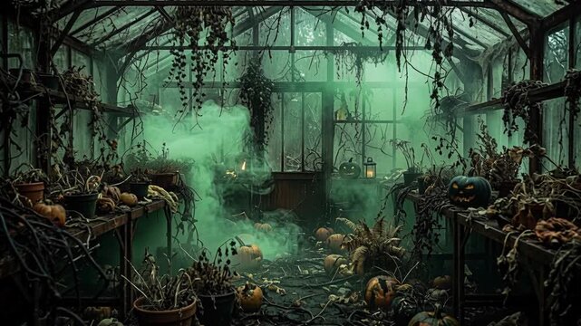 Green mist rolls through an overgrown abandoned greenhouse at dusk. Spooky ambiance with glowing carved pumpkins and dead plants. Halloween 2026 festive decorations and eerie horror.