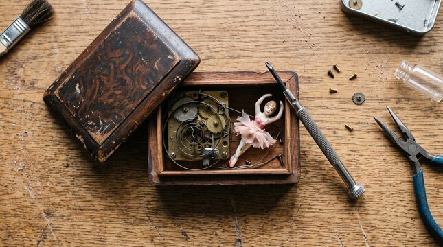 Vintage Music Box Repair Scene with Ballerina and Clockwork Mechanism on Wooden Table