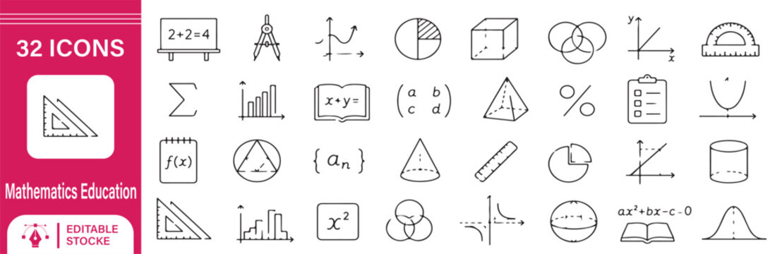 32 Mathematics Education Vector Outline Icons Set &ndash; Algebra, Geometry, Equations, Graphs, Calculus and Mathematical Symbols Line Collectio