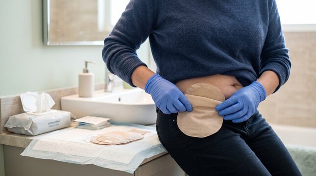 Person wearing blue gloves changing ostomy bag in bathroom with medical supplies on counter