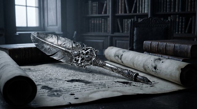 Ornate silver quill pen on ancient parchment scroll in dark library