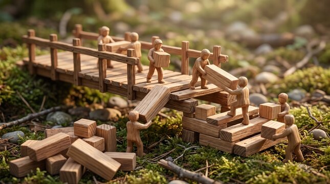 Miniature wooden figures building a bridge in a forest, teamwork and infrastructure concept