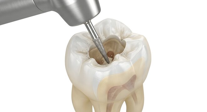 Endodontic Bur Opening Access Cavity in Human Molar Tooth for Root Canal Treatment, 3D Medical Illustration Isolated on White