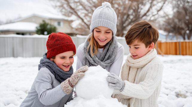 Three happy children building a snowman together in a snowy backyard. Friends playing outside in warm winter clothes. Childhood and family fun concept