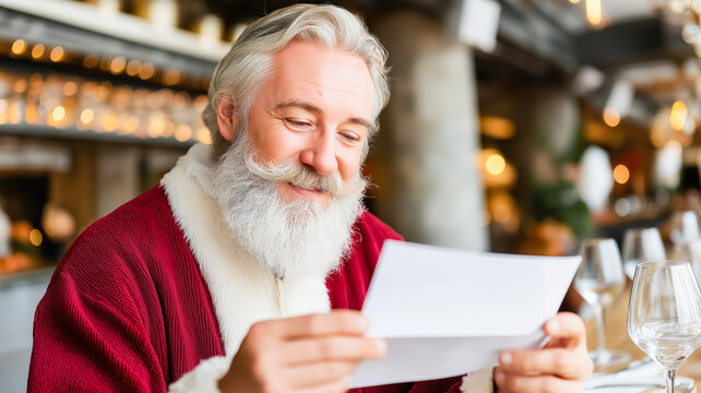 Santa Claus reading a Christmas wish list in a modern restaurant. Older man in a festive costume with a white beard. Holiday tradition concept