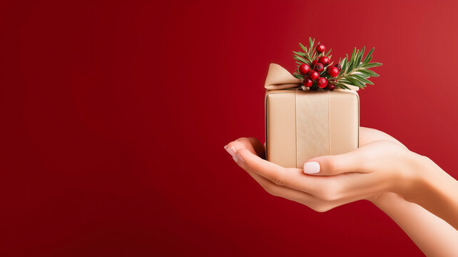 Woman's hands holding a Christmas gift box. Holiday present with festive decoration on a red background. Banner with copy space for text