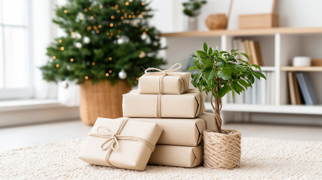 A stack of Christmas gifts wrapped in eco-friendly kraft paper. Minimalist holiday home interior with a decorated tree in the background. Sustainable celebration concept