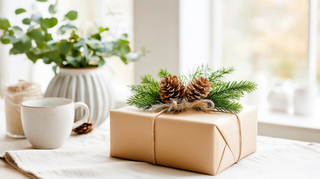 A rustic Christmas gift wrapped in brown paper with natural decoration. Holiday present with pinecones and fir branches. Eco-friendly gift wrapping concept