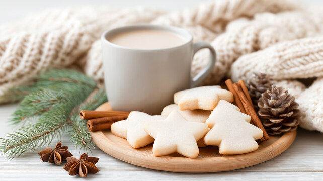 Christmas cookies and a cup of hot coffee on a wooden table. Cozy winter holiday scene with homemade sweets. Hygge concept with a warm drink and knitted sweater