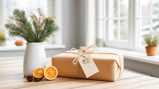 Rustic Christmas gift wrapped in brown paper with natural decorations. Festive holiday still life on a wooden table. Cozy winter season concept