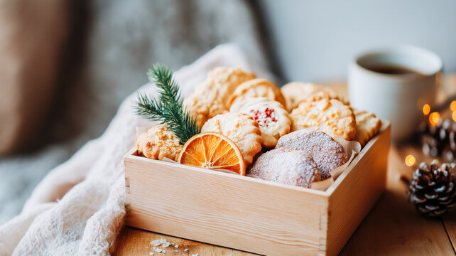 A wooden box of assorted homemade Christmas cookies. Cozy winter holiday scene with festive decorations and a cup of coffee
