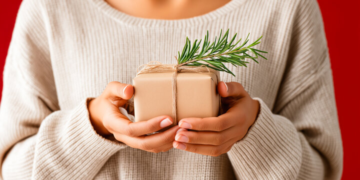 Woman holding a rustic Christmas gift wrapped in kraft paper and twine. Eco-friendly holiday present with rosemary sprig on red background