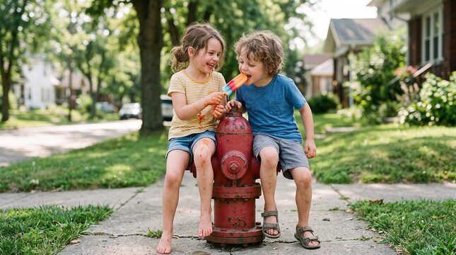 Joyful siblings share a colorful popsicle on a sunny summer day sitting on a fire hydrant