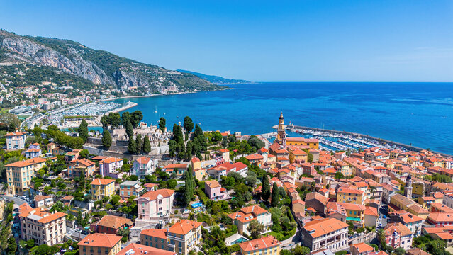 Aerial drone view of the old town of Menton on the coast of the Mediterranean Sea in the French Riviera