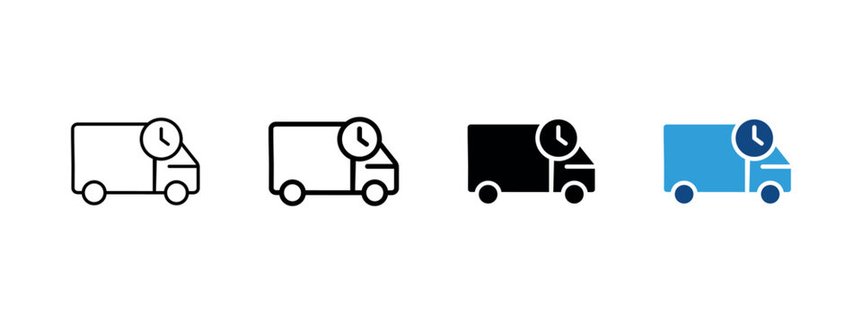 Delivery truck with clock icon. Express shipping and timely arrival sign. Scheduled courier service symbol. Thin truck pictogram with a clock. Blue illustration for logistics and fast delivery.