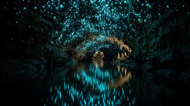 Bioluminescent glowworm cave with blue lights, magical underground cavern reflection on water, mystical limestone grotto