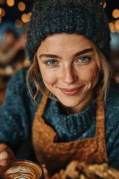 A smiling young woman with freckles wearing a cozy beanie enjoys a cup of coffee. Close-up portrait in a warm cafe. Winter lifestyle and hygge concept